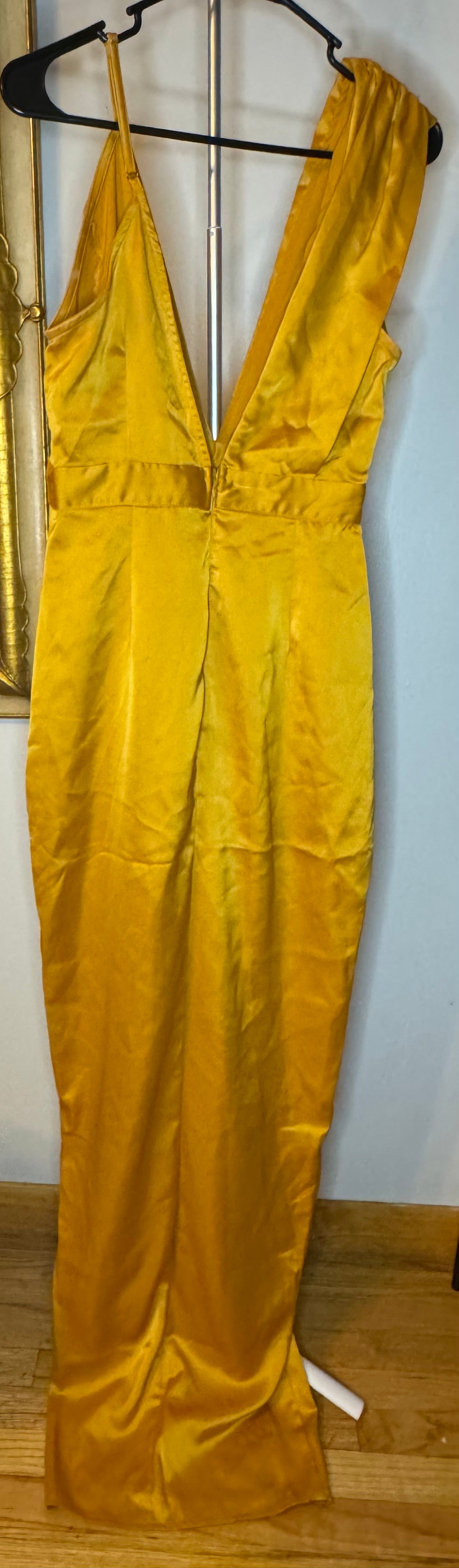 mustard asymmetric drape detail maxi dress Flowing Mustard Yellow Chiffon Semi Sheer Maxi Dress main image 0