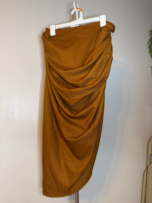 Brown Ruched Side Midi Skirt