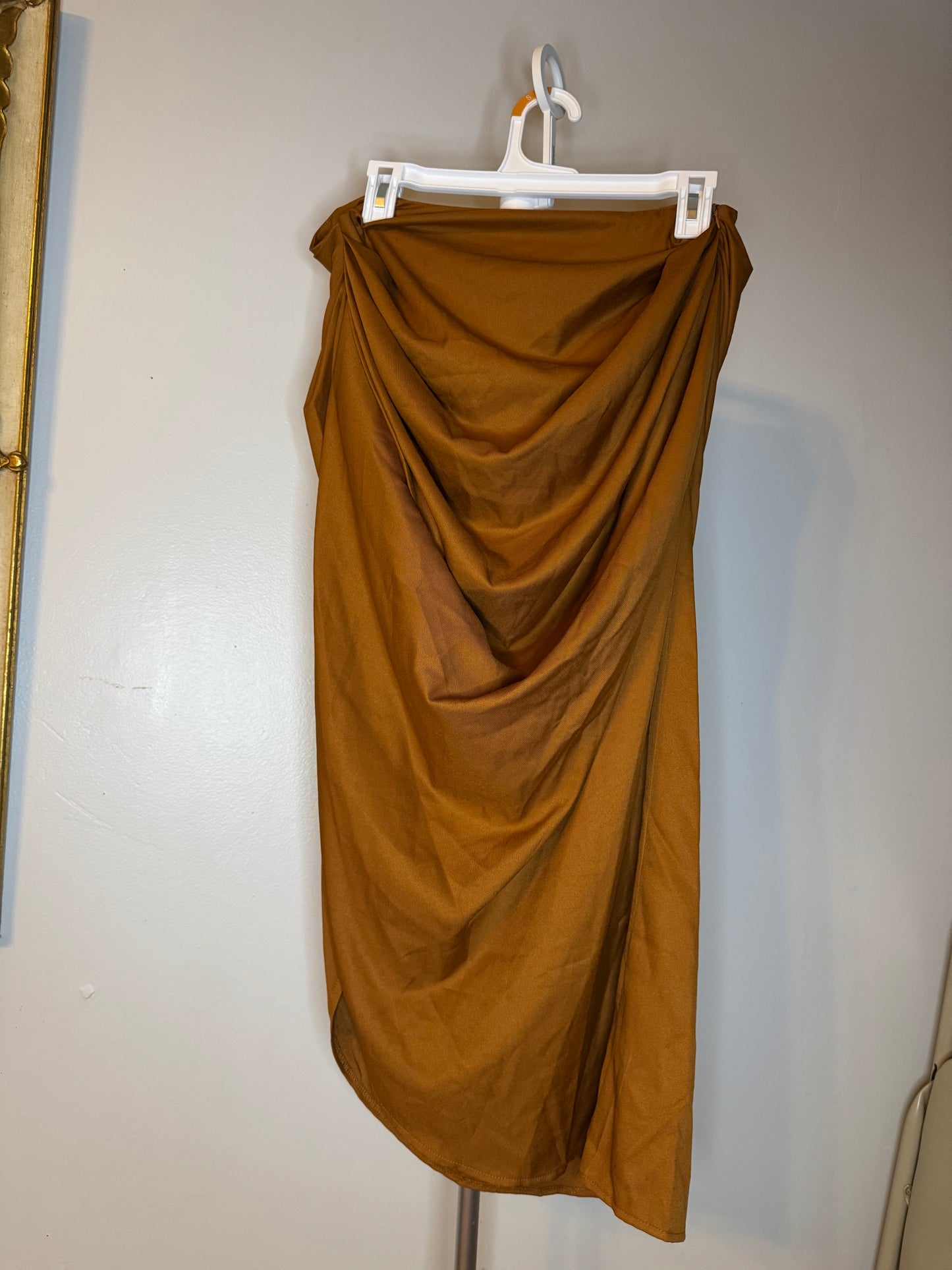 Brown Ruched Side Midi Skirt