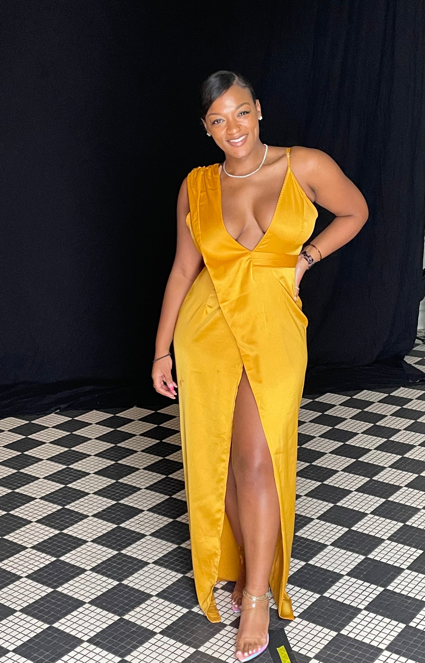 Mustard Asymmetric Drape Detail Maxi Dress