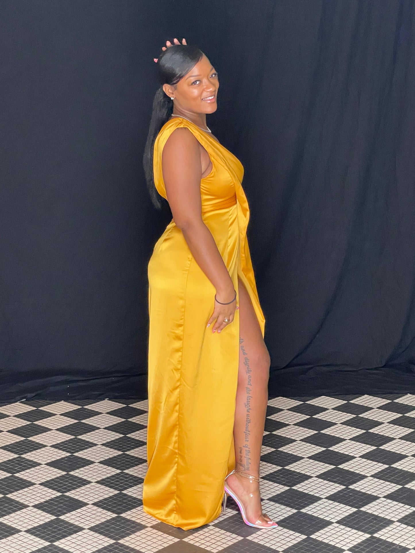 Mustard Asymmetric Drape Detail Maxi Dress