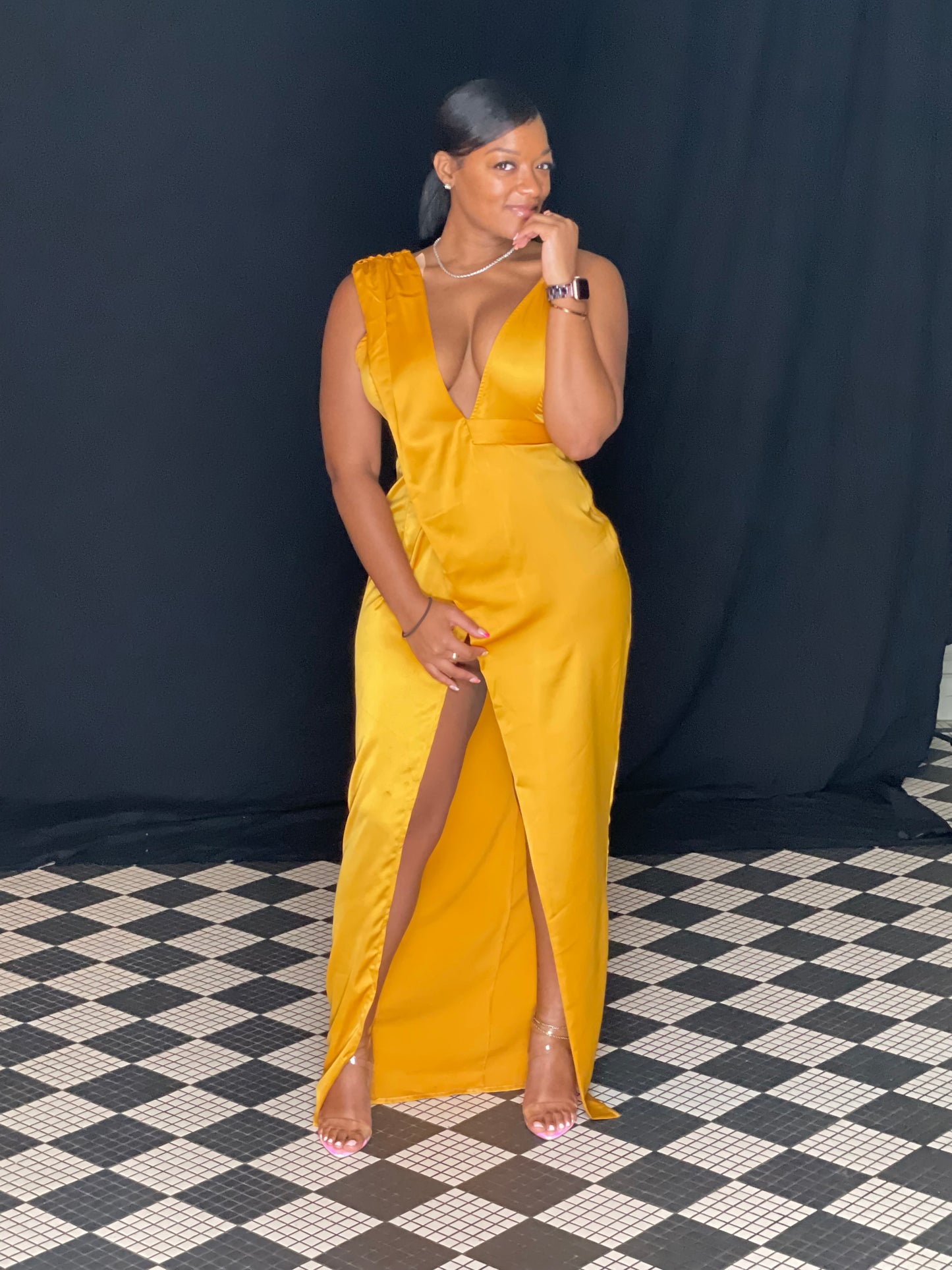Mustard Asymmetric Drape Detail Maxi Dress